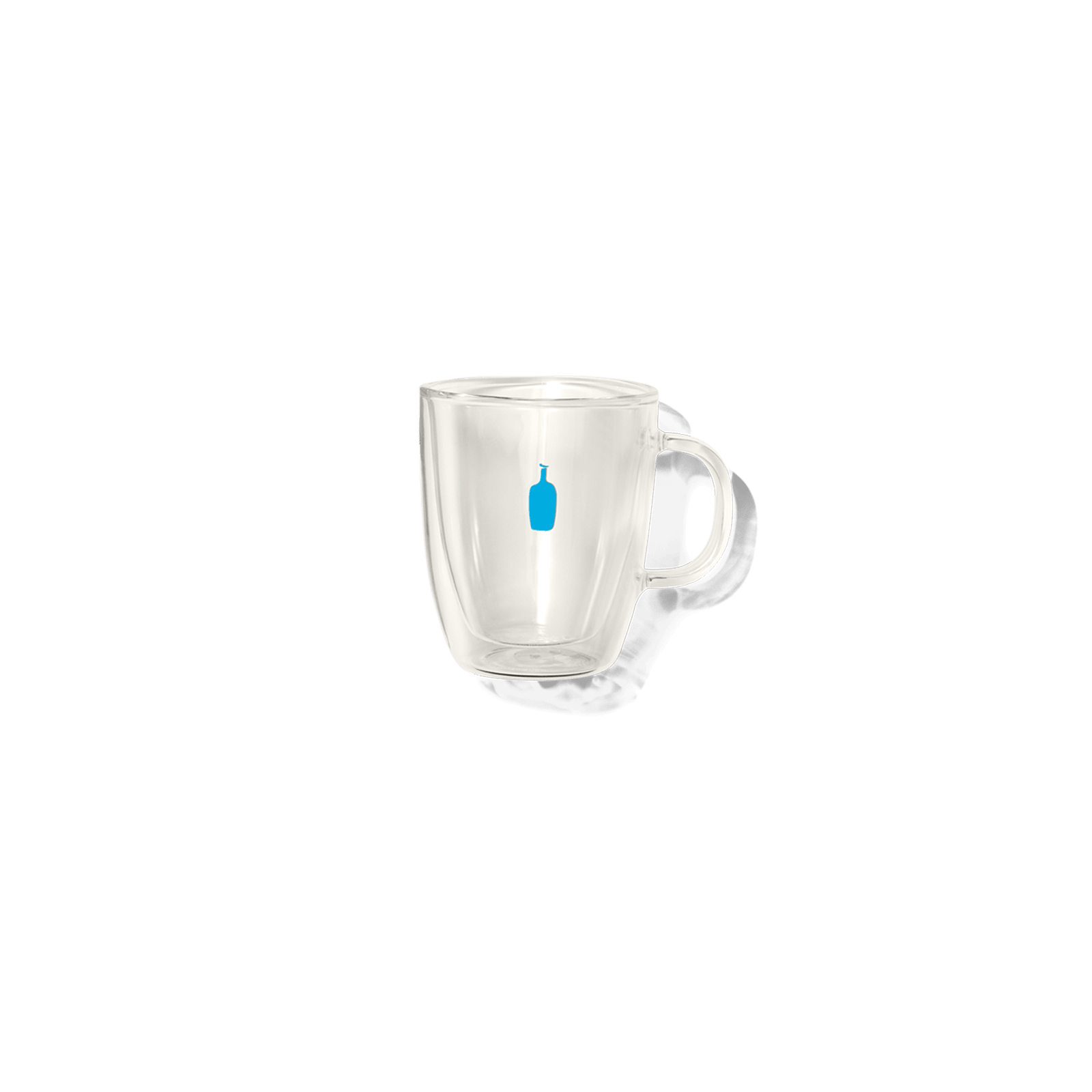 bodum glass mug with blue bottle logo