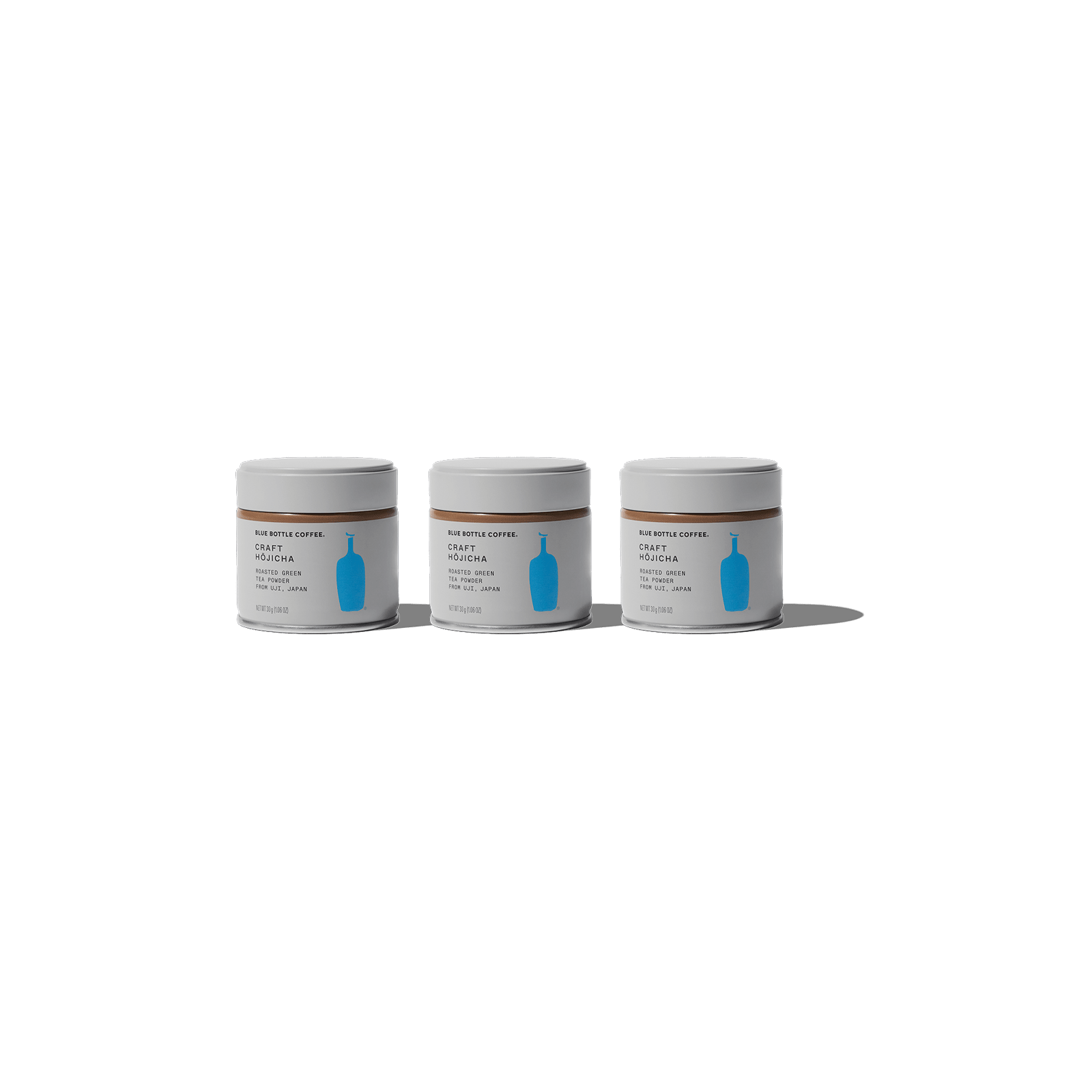 three blue bottle coffee hojicha tins